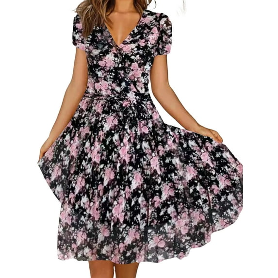 VSNOW Women Casual Floral Print Short Sleeve Swing Dress Party Beach Sundress