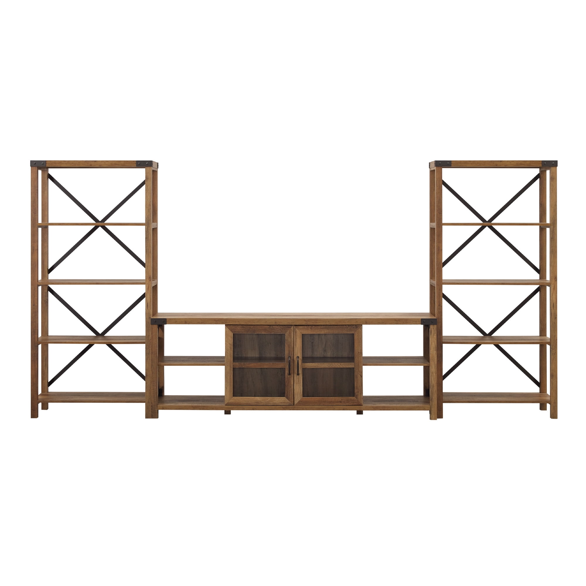 Walker Edison Rustic Industrial 3 Piece Entertainment Fireplace Wall Set, Barnwood