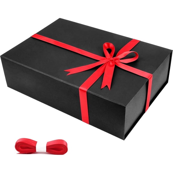 Gift Box, 5 Pack 13.5 x 9 x 3.8 Inches Gift Boxes with Lids for Presents, Paper Cardboard Boxes with Ribbon, Magnetic Collapsible Box for Presents Shoe Shirt Keepsake Wedding Document Box (Black)