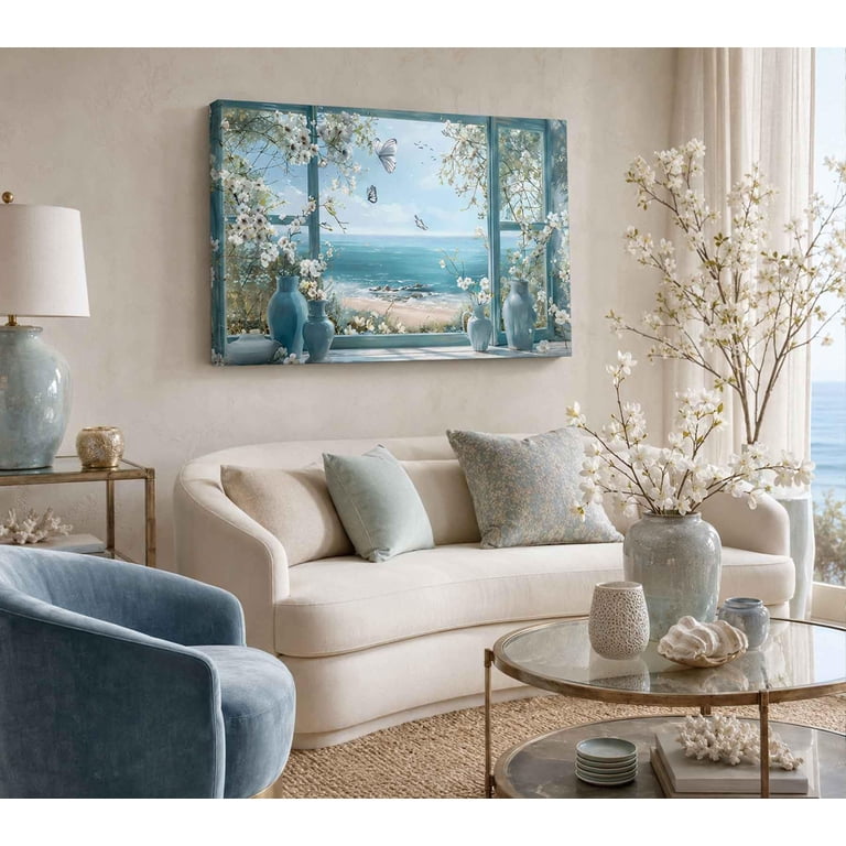 Window Beach Canvas wall art Coastal wall decor Picture White flowers ...