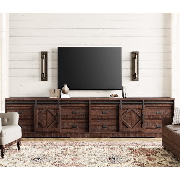 WAMPAT 118" Wide Modern Farmhouse 2 in 1 TV Stand for up to 130" TVs,Faux Bark Finish Wood Entertainment Center with 8 Drawers and Sliding Barn Doors for Living Room,Rustic Brown