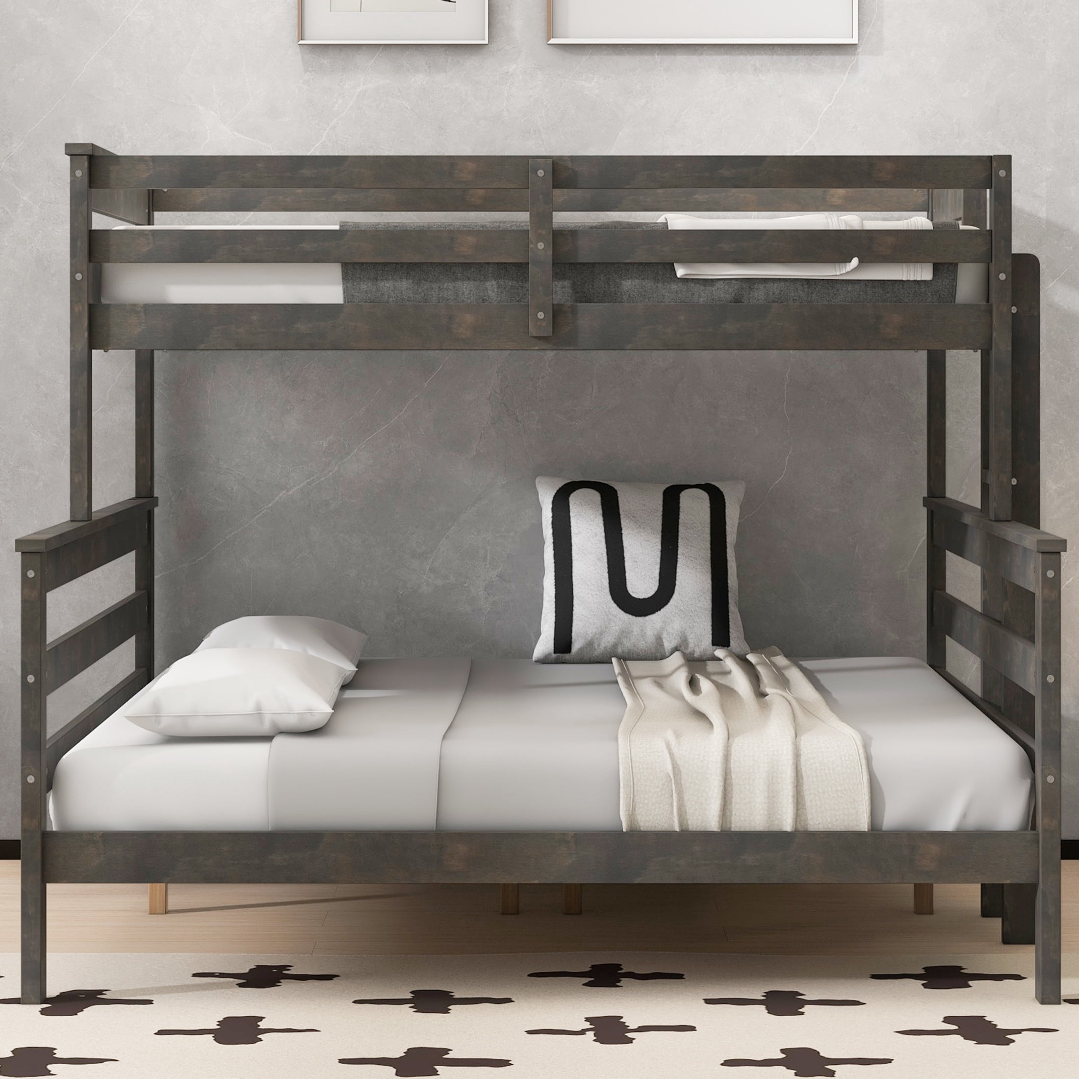 Noble House Zahra Twin XL over Queen Bunk Bed, Detachable Stacked Bunk Bed with Built-in Ladder, Grey