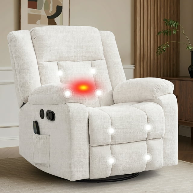 YSICK Fauteuil Inclinable Pivotant à Bascule avec Ports USB en Chenille pour Salon, Beige