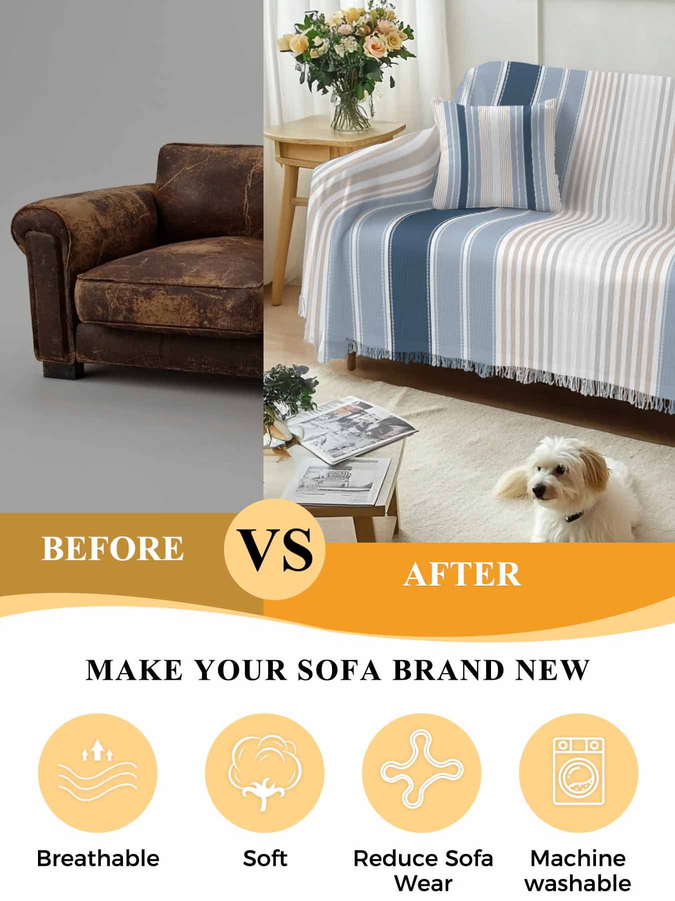 Grey Blue Vertical Stripes Couch Cover, Modern Minimalist Abstract Oversized Sofa Cover Blanket for 3 Cushion Couch,Sectional Sofa Slipcover Furniture Protector for Living Room Bedroom 71''x150''