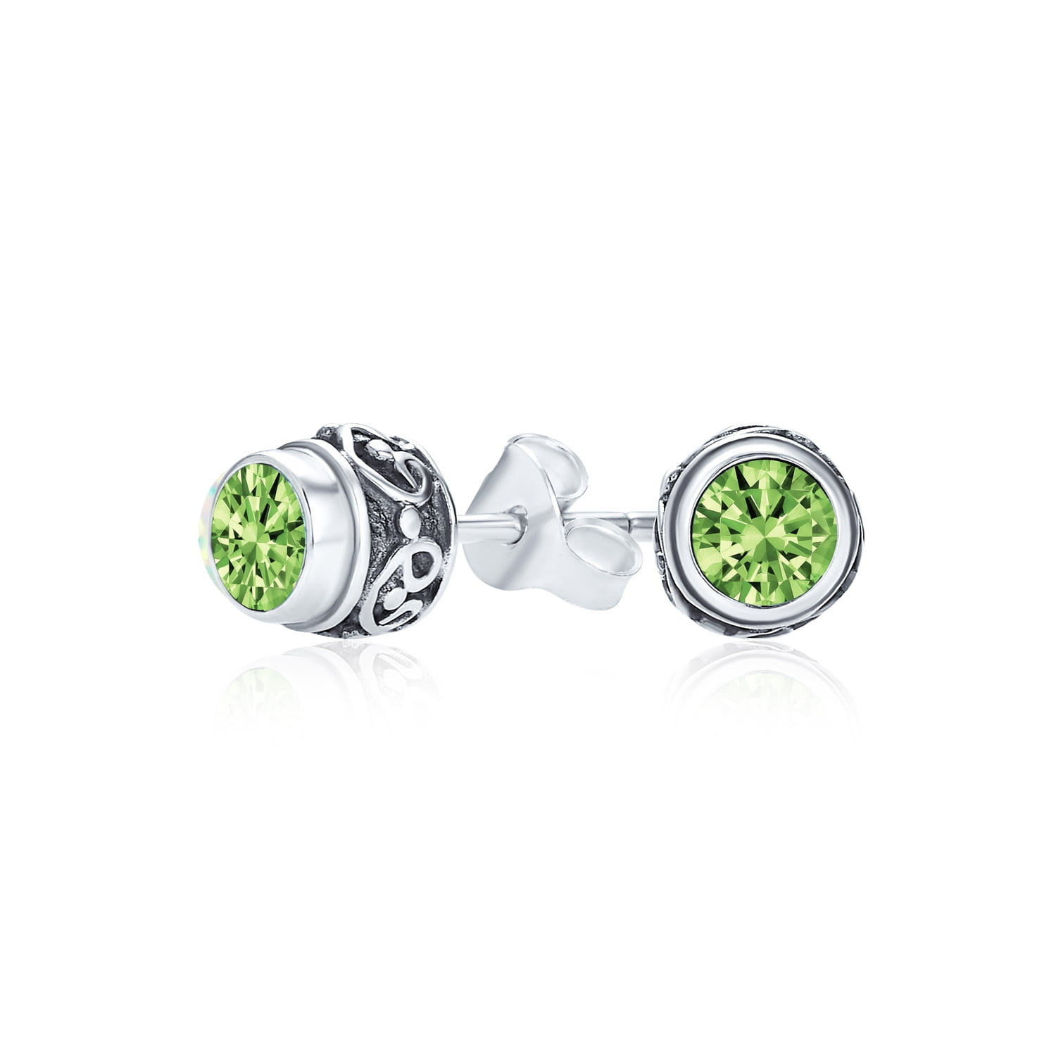 Genuine Olive Green Peridot Gemstone .925 Sterling Silver Round Stud Earrings 