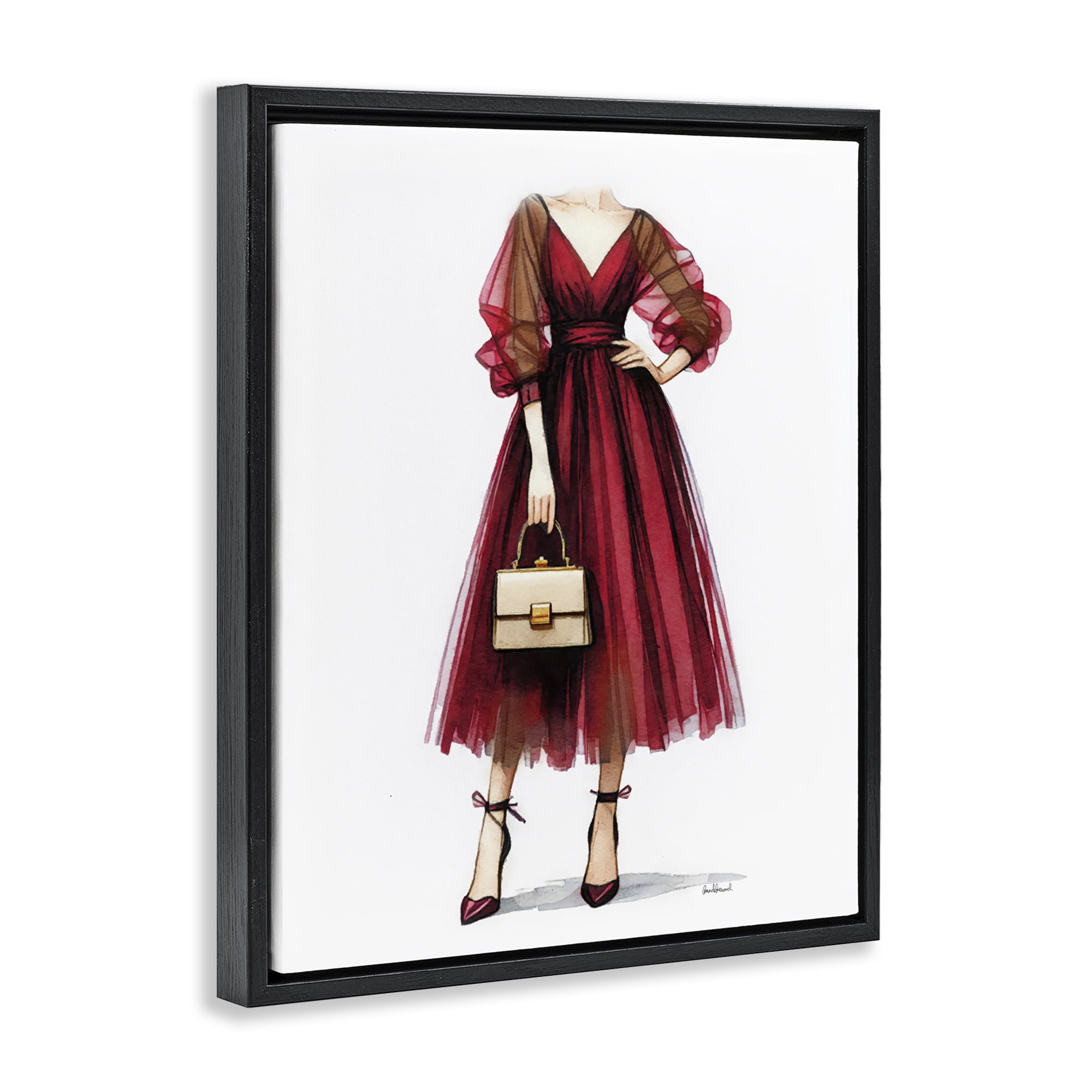 Stupell Industries Maroon Fashion Gown Fashion Painting Black Floater Framed Canvas Art Print Wall Art, 17 x 21
