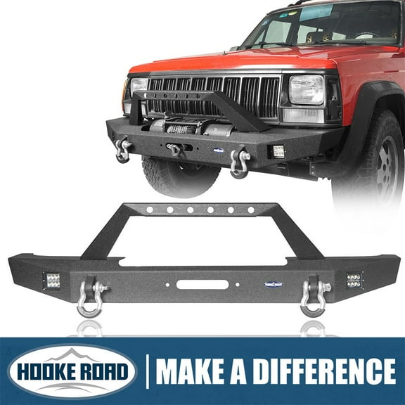 Hooke Road Fit Jeep Cherokee XJ 1984-2001 Steel Front Bumper W/ LED Spotlights & Winch Plate