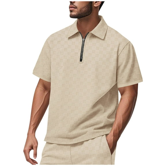 Fnooota Polo Shirts for Men 2025, Zipper Summer Casual Collared Short Sleeve Shirts Khaki Size 3XL