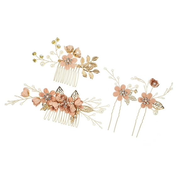 Vocoste 4 Pcs Rhinestone Hair Comb Hair Piece for Bride Wedding Flower Side Comb Headpiece Pink