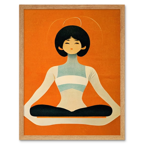 Peaceful Japanese Woman In Yoga Pose Orange Black Quirky Art Print Framed Poster Wall Decor 12x16 inch