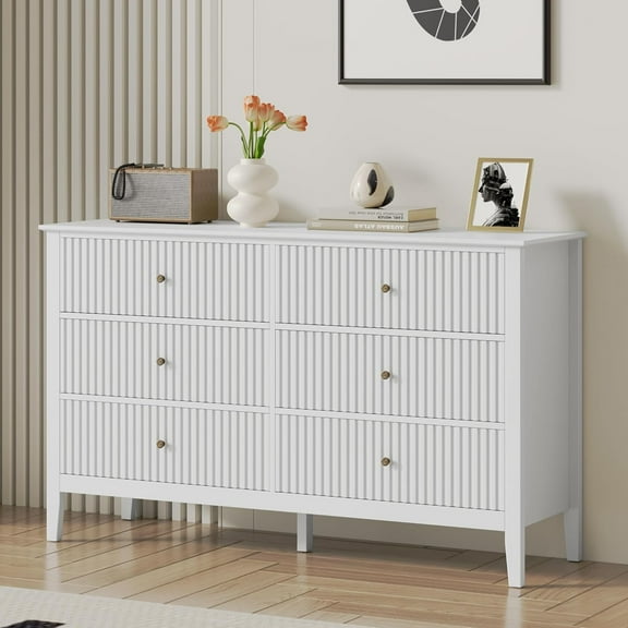 RoyalCraft Fluted Dresser 6 Drawer Bedroom Storage Cabinet and Nightstand, White