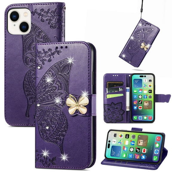 Allytech Compatible with Apple iPhone 14 Plus Case Embossed Diamond Butterfly Glitter Bling Case with Card Holder Stand Flip Wallet Shockproof Phone Cover for iPhone 14 Plus 5G 6.7" Crystal Purple