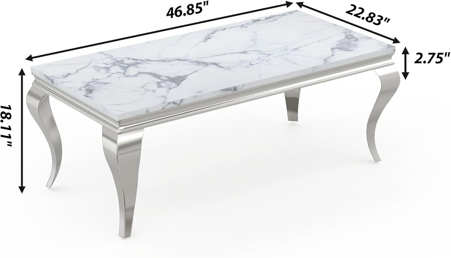 Modern Rectangular Marble Coffee Table, 46.85" Faux Marble Top with Silver Mirrored Stainless Steel S-Shaped Legs, for Living Room, Lounge Area