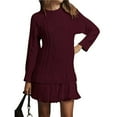 thumbnail image 1 of Robe Chandail en Tricot Torsadé pour Femmes, Col Ras du Cou, Manches Longues, Mini-Robe Plissée, Style Deux-en-un, Robe Patchwork, Rouge Vin, P, 1 of 7