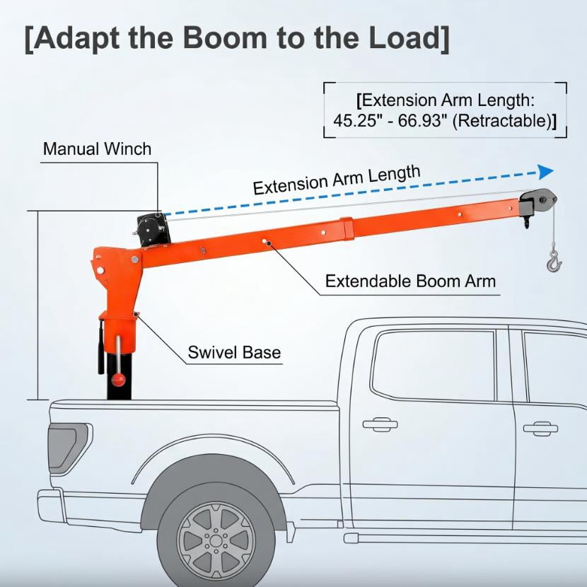 Muweixin 2000LBS 12V Pickup Truck Crane, 1100LBS Capacity 360° Rotatable with Electric Winch, Extendable Boom for Engine, ATV, Boat Lifting
