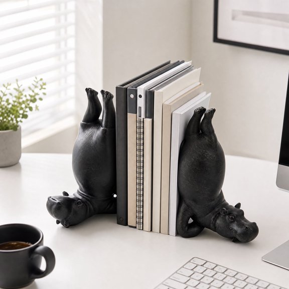 Hippo Bookends Set of 2, Funny Yoga Animal Book Ends, Heavy Duty Resin Book Holders for Shelves, Cute Black Desk Decor for Kids Room Office, Unique Gifts for Readers
