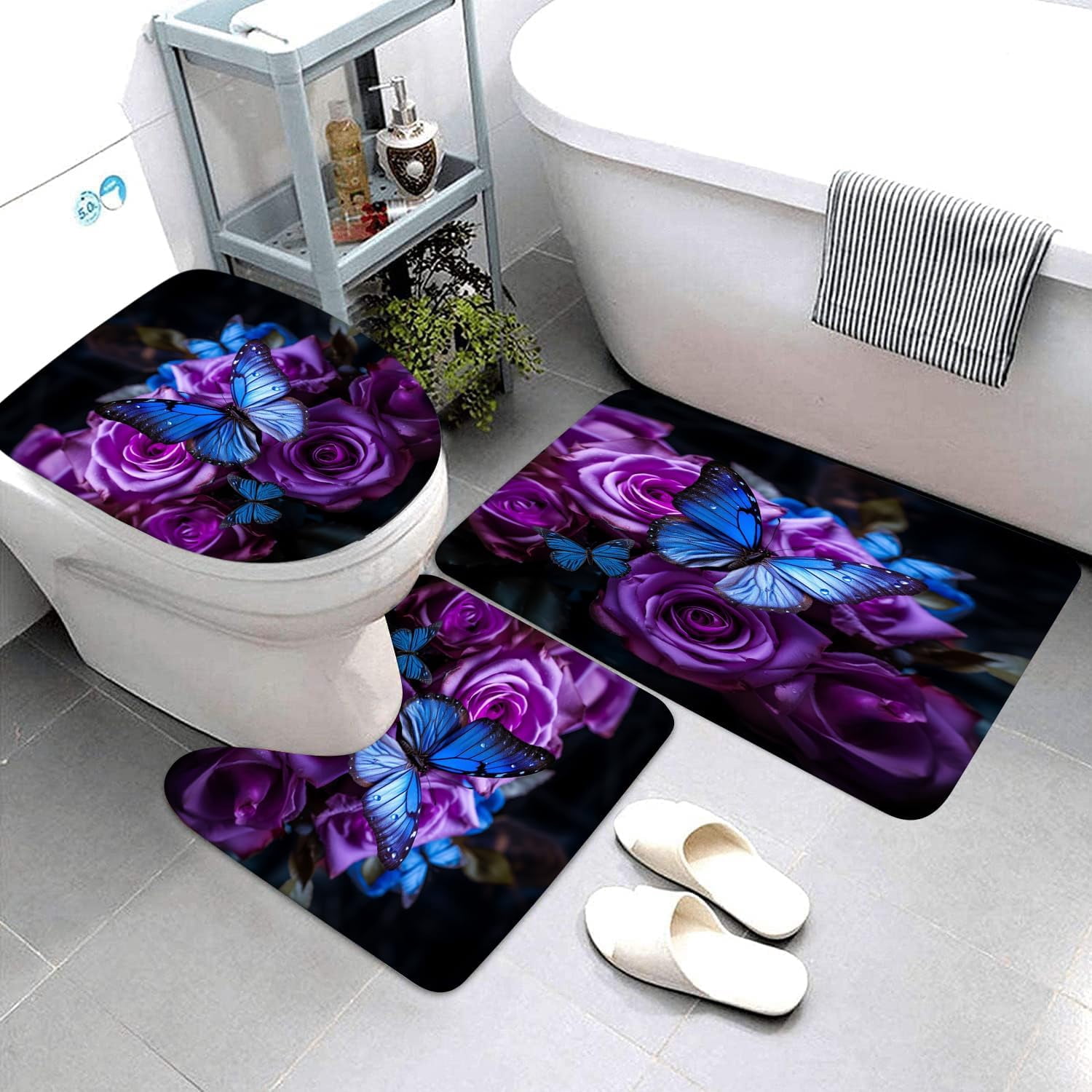 Bathroom Sets with Shower Curtain and Rugs, Toilet Lid Cover, Bath Mat, 4PCS Purple Rose Butterfly Shower Curtains for Bathroom, Romantic Flower Shower Curtains Set for Bathroom Decor