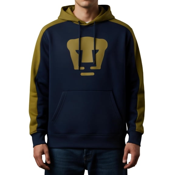 Icon Sports Federacion Mexicana de Futbol Asociacion Club Universidad Nacional A.C. - Pumas Mens Side Step Pullover Hoodie, Navy, Large (PU41PH-N)