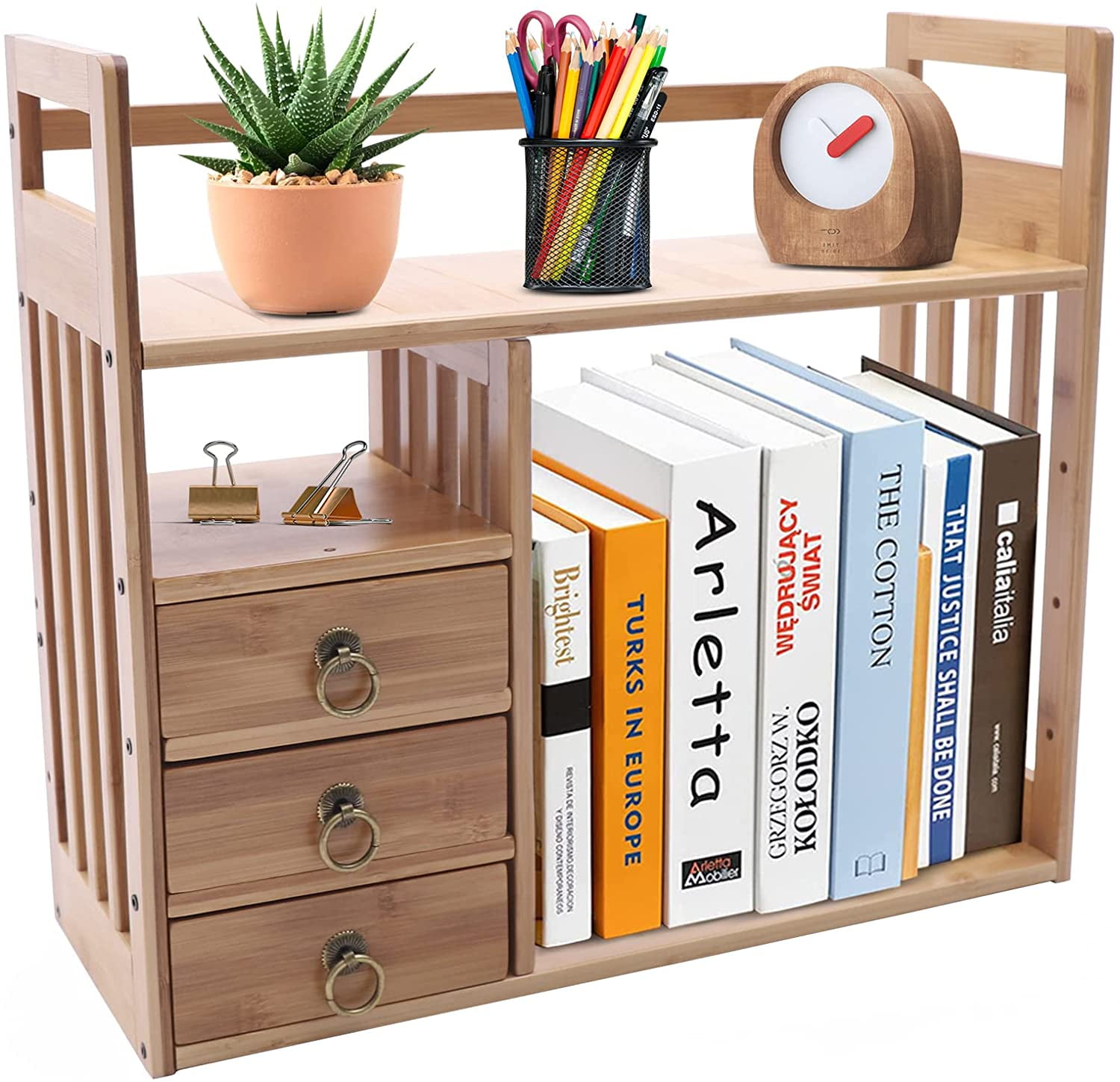 Miumaeov Bamboo Desktop Bookshelf Desk Organizer Shelf Storage Rack Counter Top Bookcase, Office Desk Storage display Shelf Rack with 3 Drawers for Office Supplies, Kitchen,Bathroom, Makeup