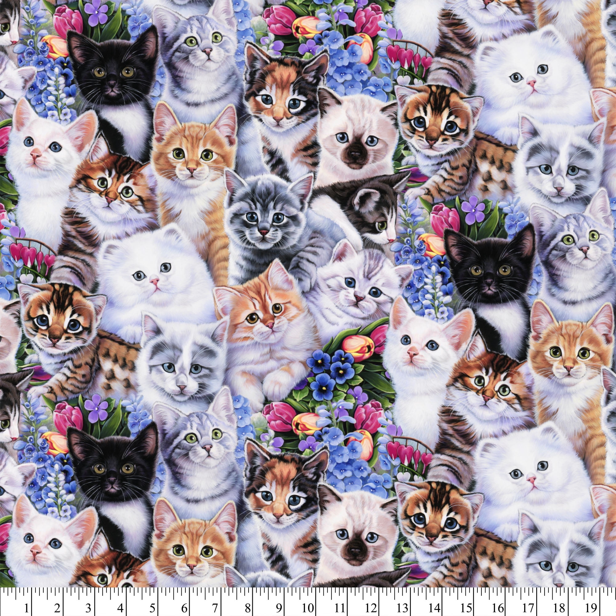 1 Yard 100% Cotton Kittens and Flowers, Multi-color, 44" Wide for Quilting & Sewing by David Textiles