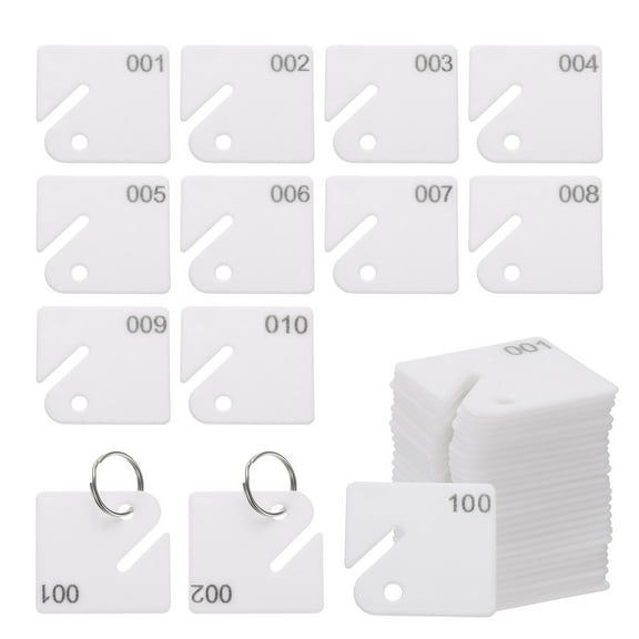 Uxcell 100 Pcs Number Tags 1-100, 1.5" Plastic Hanging Slotted Key Tags with Rings White Square Hanging Tag Keychains