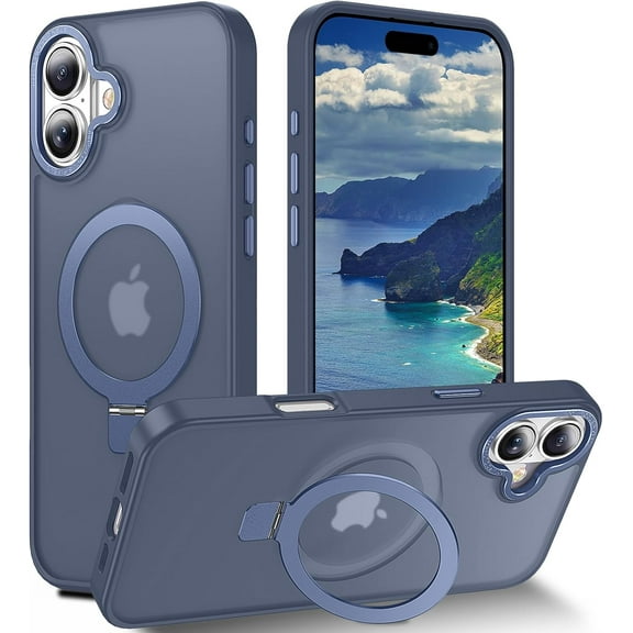 KOMI Magnetic for iPhone 16 Case with Invisible Stand, [10 FT Drop Protection] [Velvety Touch] Slim Translucent Matte Back Shockproof Phone Case for iPhone 16 6.1'', Sierra Blue