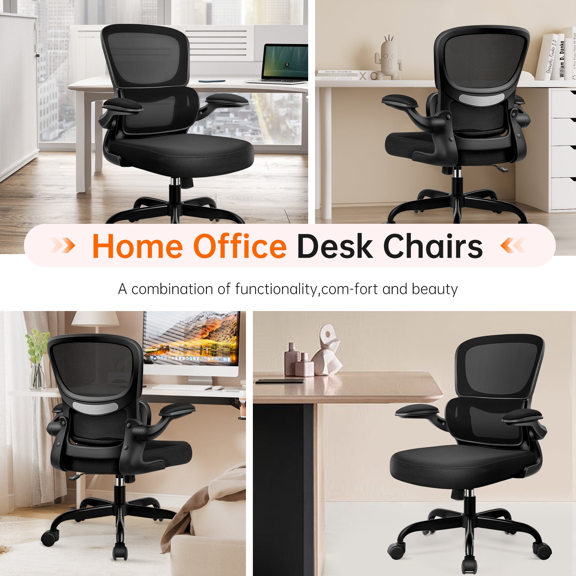 COOLHUT Office Chair, Ergonomic Desk Chair with Lumbar Support and Adjustable Armrests, Breathable Mesh Computer Gaming Chair, Reclining Task Chair for Home Office, Black