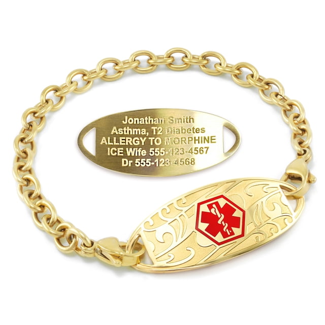 MedicEngraved Yellow Gold Stainless Steel Custom Medical Alert Bracelet - 5mm Oval Link