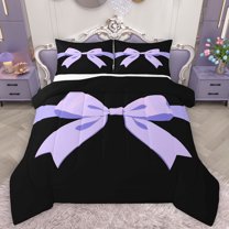 Feelyou Princess Bow-tie Print Queen Comforter Set, Dreamy Purple Ribbon Bow Bedding Sets, Chic Fashion Style Reversible Bedding Comforter Set, Microfiber Bedroom Decor, 3pcs