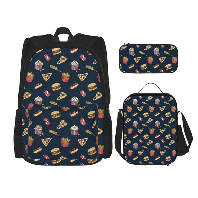 Disketp Fast Food Mochila Estampada de Gran Capacidad con Lonchera y Estuche, Set de 3 Piezas para Estudiantes