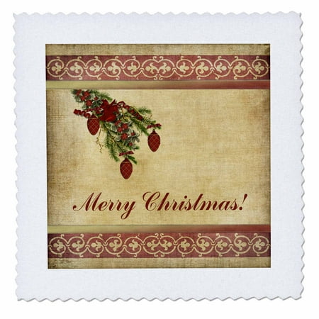 Decorated Christmas Tree With Ribbon 3dRose Christmas Tree Decorated Branch With Red Ornaments, Flowers, and Ribbons, Merry Christmas - Quilt Square, 10 by 10-inch ()