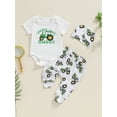 thumbnail image 3 of vera natura Baby Boy Summer Outfit Digger Letter Print Short Sleeves Romper and Elastic Pants Beanies Hat Set 3 Piece Clothes, 3 of 8