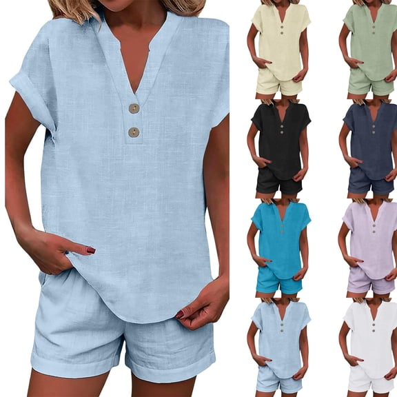 Linen Short Sets for Women 2 Piece Outfits Short Sleeve Button V Neck Shirts and Short Sets Vacation Clothes,Light Blue S