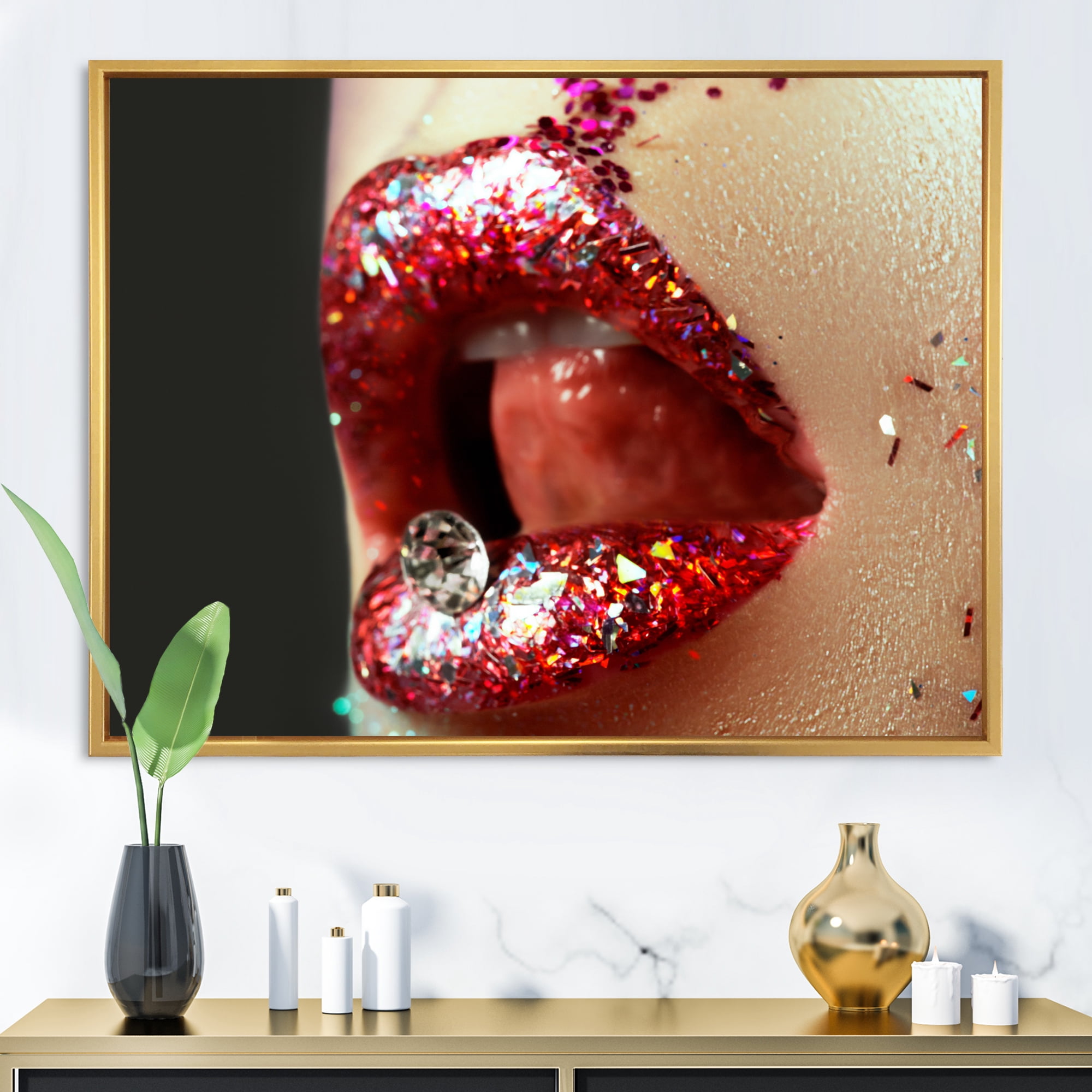 Artistic Girl Lips Make-Up 40 in x 30 in Framed Photography Canvas Art Print, by Designart