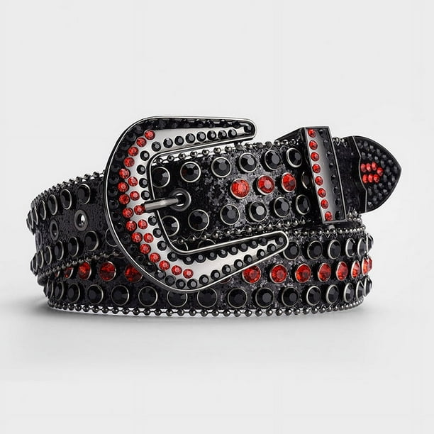 NvziCinturones con diamantes de imitación para mujer, cinturones con diamantes y brillantes para mujer, cinturones de vaquero occidentales con lentejuelas para jeans (negro y rojo)