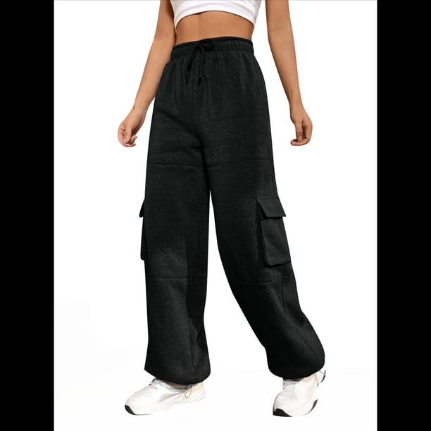 Pantalones Deportivos Cargo para Mujer, Holgados, de Forro , de Pierna , Elásticos, de Cintura Alta, Informales, para Senderismo, para Otoño. Negro S
