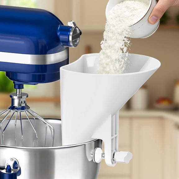 Flour Funnel for Stand Mixers, Wide Mouth Pouring Chute Attachment for Stainless Steel Glass and Ceramic Mixing Bowls, Clamp-On Baking Funnel, Dishwasher Safe