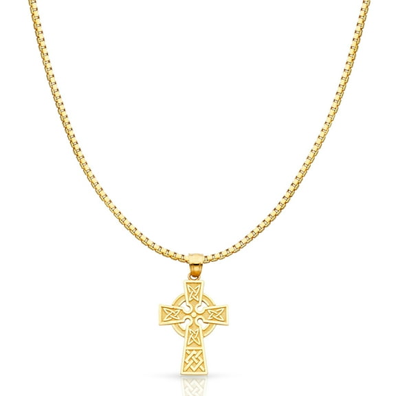 14K Yellow Gold Celtic Cross Religious Charm Pendant with 1mm Box Chain Necklace - 16"