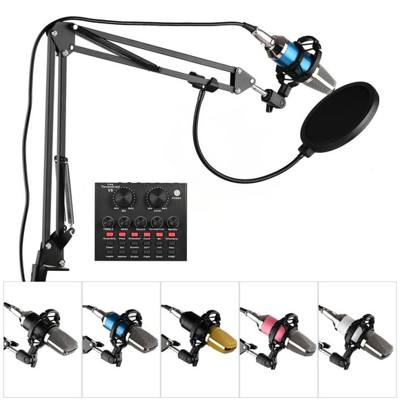 Professional Broadcasting Studio Recording Condenser Microphone Kit with External Sound Card + Mic Windscreen + Shock Mount + Adjustable Suspension Scissor Arm Stand + Mounting Clamp + Pop F