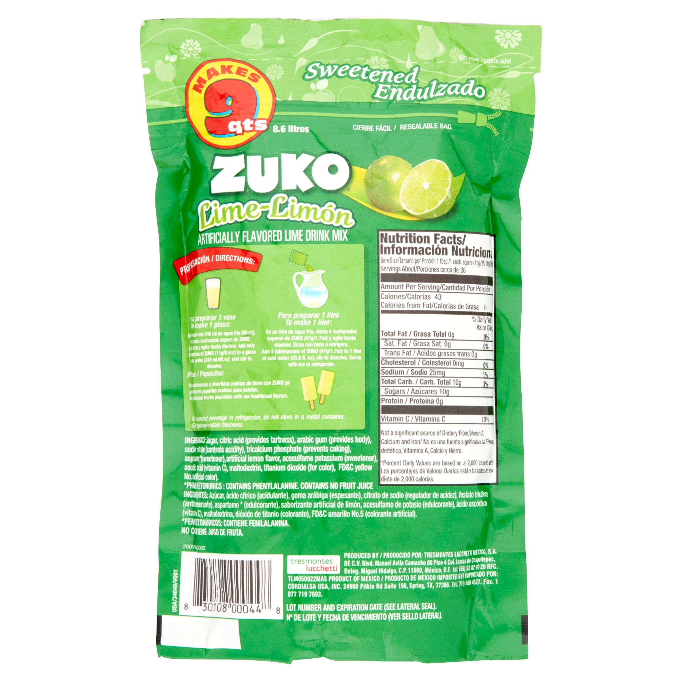 (4 pack) Zuko Lime Drink Mix, 14.1 oz Powdered Beverage