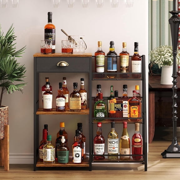 X-COSRACK 3-Tier Liquor Cabinet Bar with Drawer, Industrial Mini Bar Stand & Freestanding Wine Rack, Step-Style Wine Shelf for Whiskey & Spirits, Space-Saving Home Bar for Kitchen Apartment, Brown
