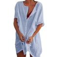 thumbnail image 1 of Vestido camiseta de manga corta con cuello en V para mujer - Color liso, corte holgado para el verano, poliéster, elegante atuendo informal, 1 of 5
