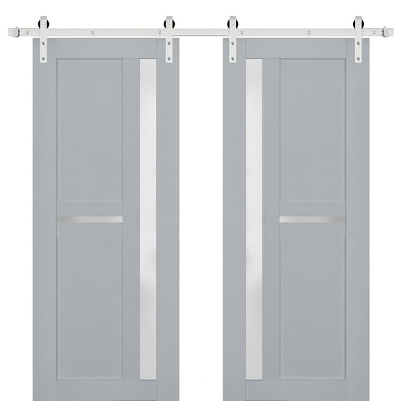 Sturdy Double Barn Door with Frosted Glass | Veregio 7288 Matte Grey | 13FT Rail Hangers Heavy Set | Solid Panel Interior Doors-36" x 96" (2* 18x96)-Silver Rail