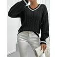 thumbnail image 3 of Luxurious Contrast Trim Cable Knit Sweater Flattering V-Neckline Dramatic Lantern, 3 of 7
