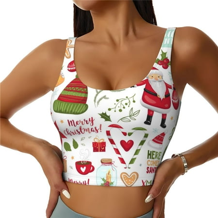 Jgfou Snowflakes Santa Claus Print Womens Sports Bra - Padded Workout Sports Bras Crop Tank Top