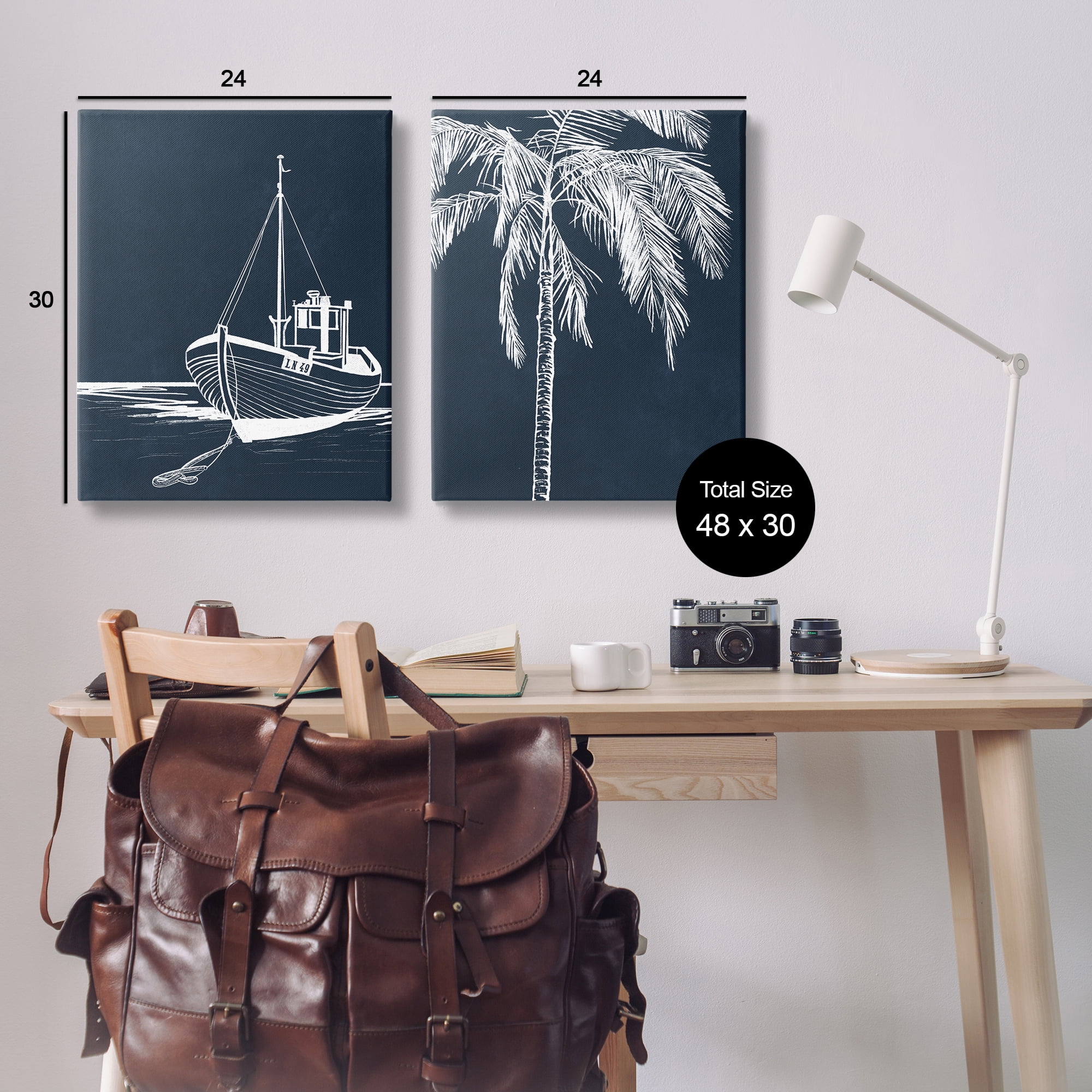 Stupell Industries Blue Boat & Palm Transportation Painting Wrapped Canvas Art Print Wall Art, 24 x 30, Set of 2