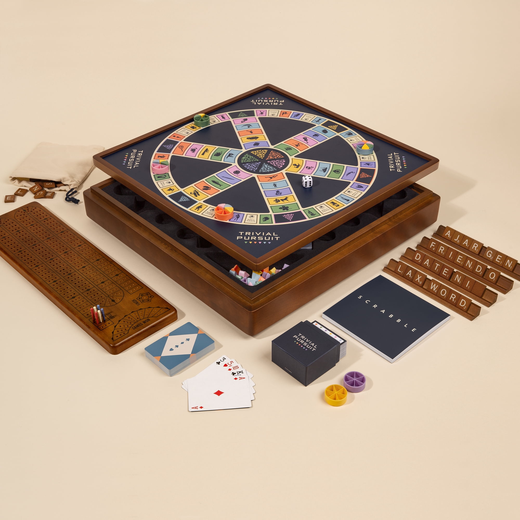 WS Game Company 3-in-1 Premium Game Collection: Scrabble, Trivial Pursuit, and Cribbage with Rotating Solid Wood Cabinet