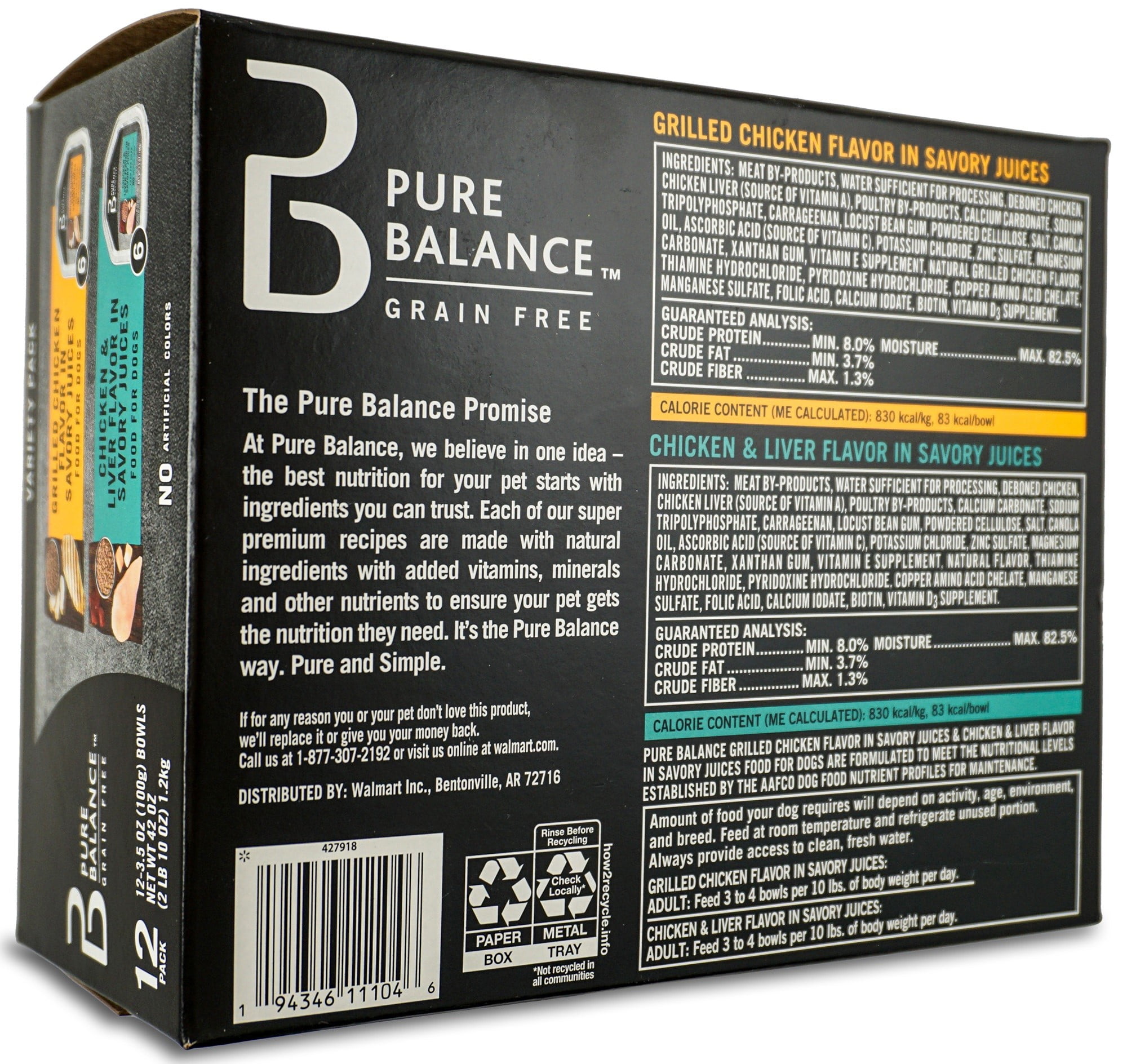 Pure Balance Grain Free Grilled Chicken and Chicken and Liver Flavor in Savory Juices Wet Dog Food Variety Pack, 3.5 oz, 12 Count