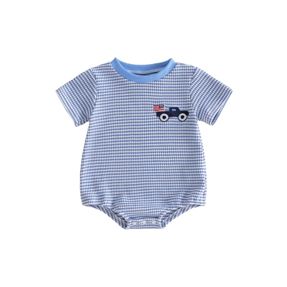 Cenuakty Baby Boy Romper, 0-18M Short Sleeve Crew Neck Stripes Embroidery Car Summer Bodysuit Clothes for 4th of July