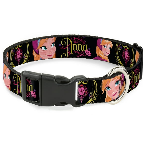 Disney Pet Collar, Dog Collar Plastic Buckle, Anna Poses Anna Monogram Heart Cameo Pinks Yellow, 7 to 8.5 Inches 0.5 Inch Wide